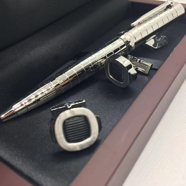 

Cuff Metal Famous cufflink silver checkered Ballpoint Pen writing supplier Business Office and School fashion pens cufflinks red wood box