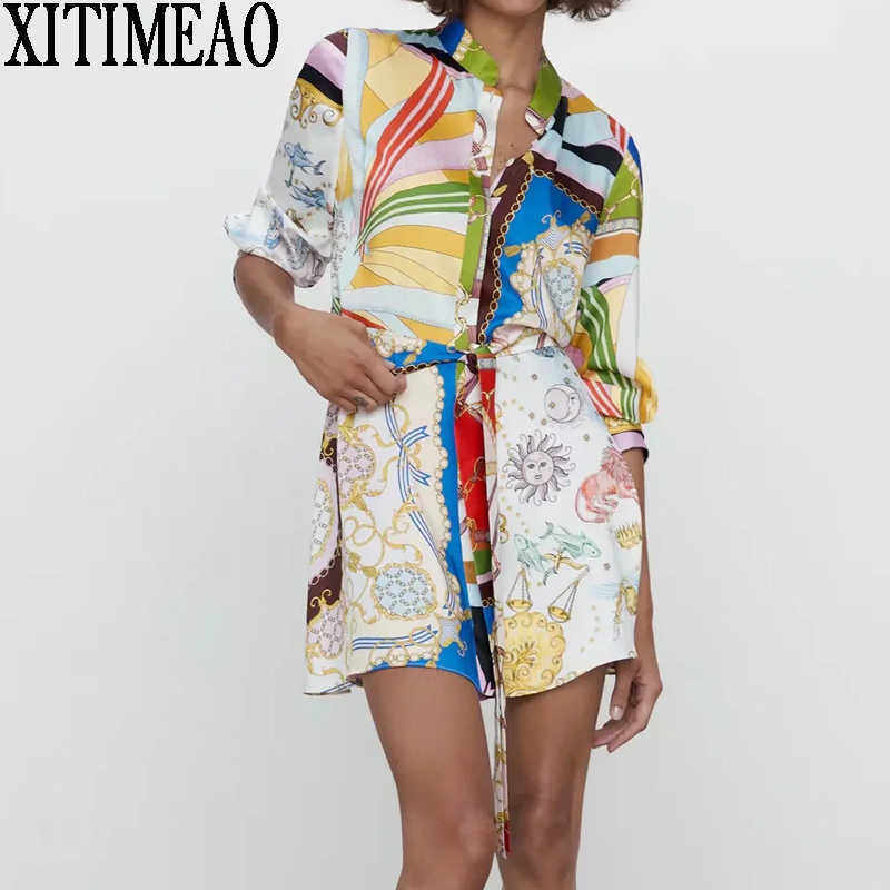 

ZA Women Dresses Spring Autumn Vintage Print Casual Long Sleeve Shirt Dress Leisure Vacation Dresses With Belt Xitimeao 210602, As picture