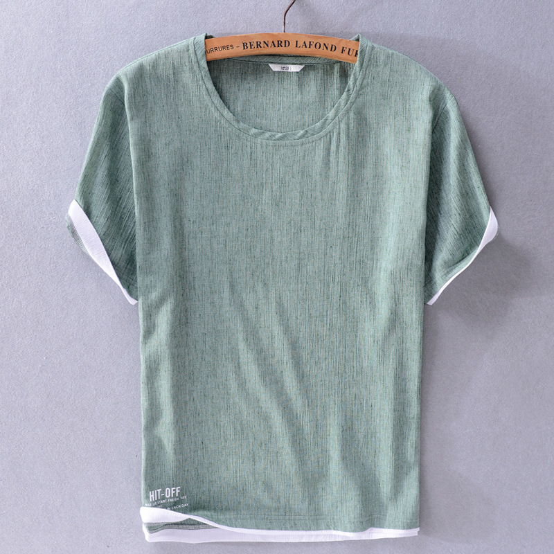 

t shirt cotton hemp men's pullover solid color youth fashion round neck short sleeve comfortable and breathable, White;black