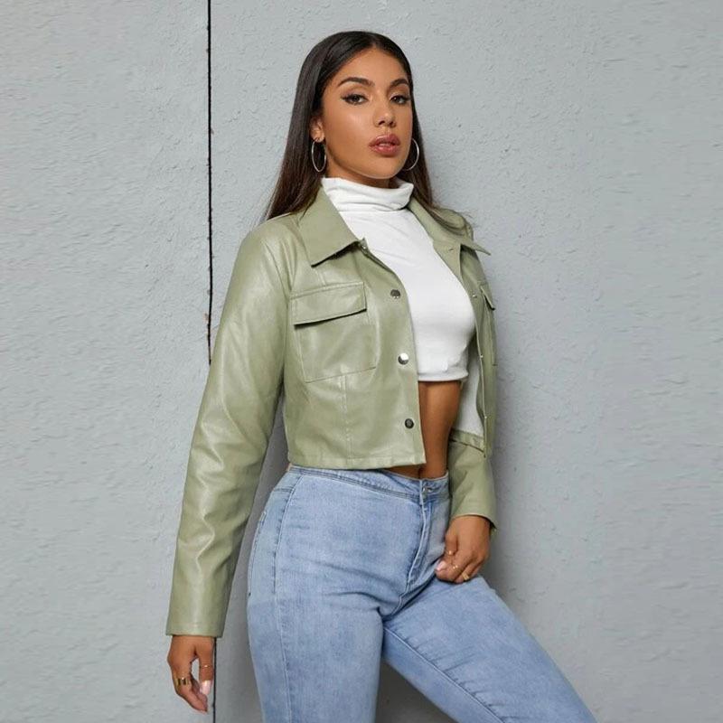 

Women's Leather & Faux HENCHIRY European American Autumn Women Coat Avocado Green PU Jacket Lapel Motorcycle Fashion Suit, Black