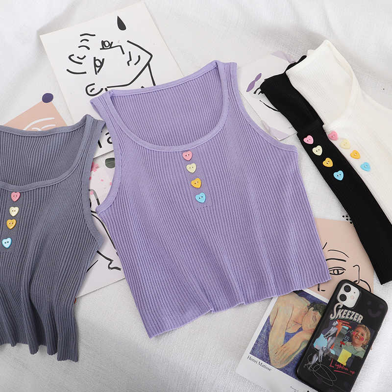 

Fashion Summer Women Crop Tops Sexy Slim Button Purple Sleeveless Streetwear Camis Blusa W860 210526, Gray