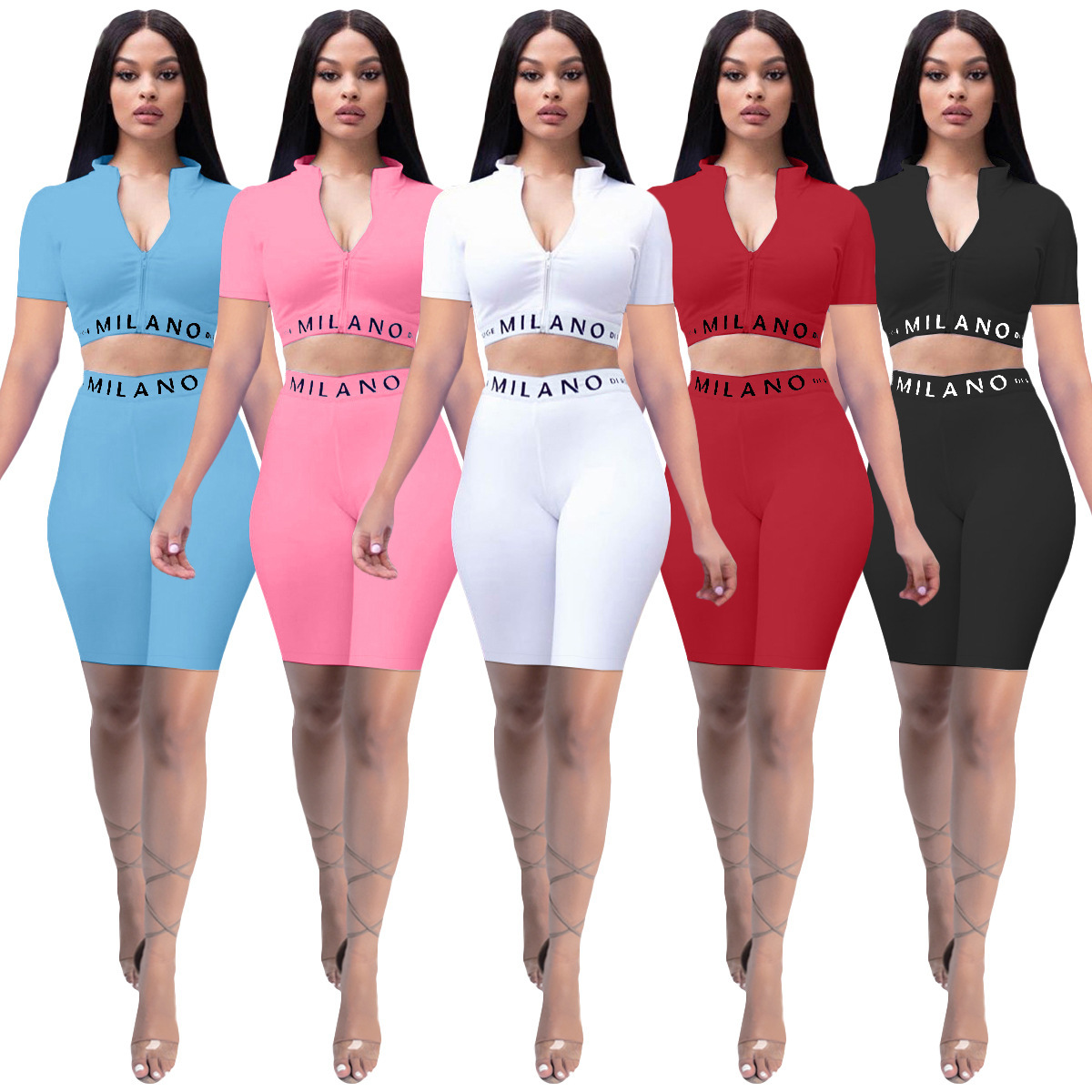 

New Sexy Womens Short Sleeve Suit 2021 Summer Fashion Pure Color Slim letter print Short Sleeve Yoga Two Piece Sports Suit 5 Colors, Black
