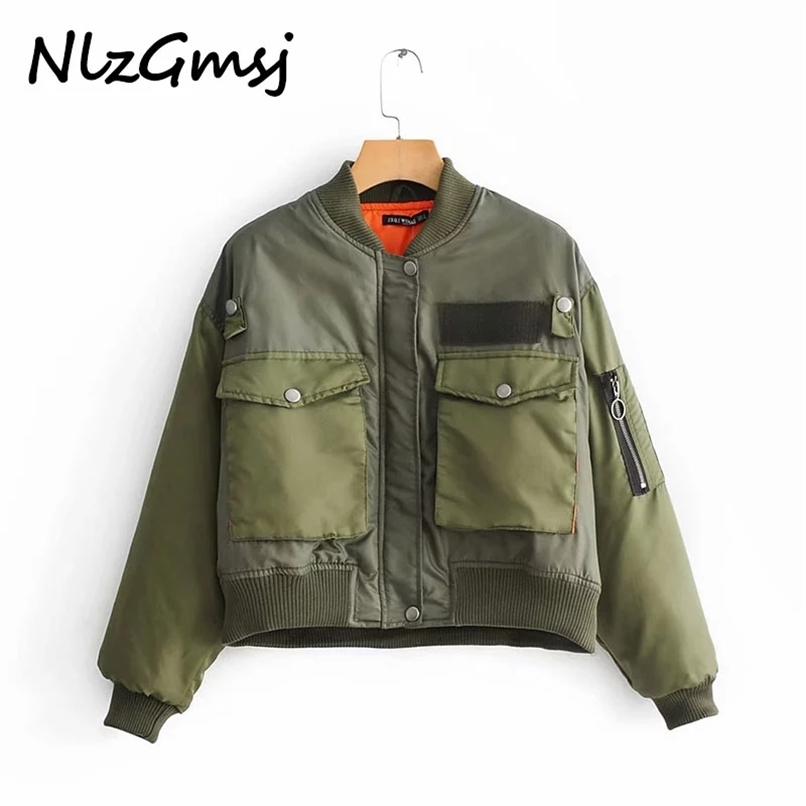 

Nlzgmsj Za Women Military Green Moto Biker Bomber Pilot Jacket Cropped Top Long Sleeve Female Oversized Coat Outerwear Chaquetas 211109, As picture
