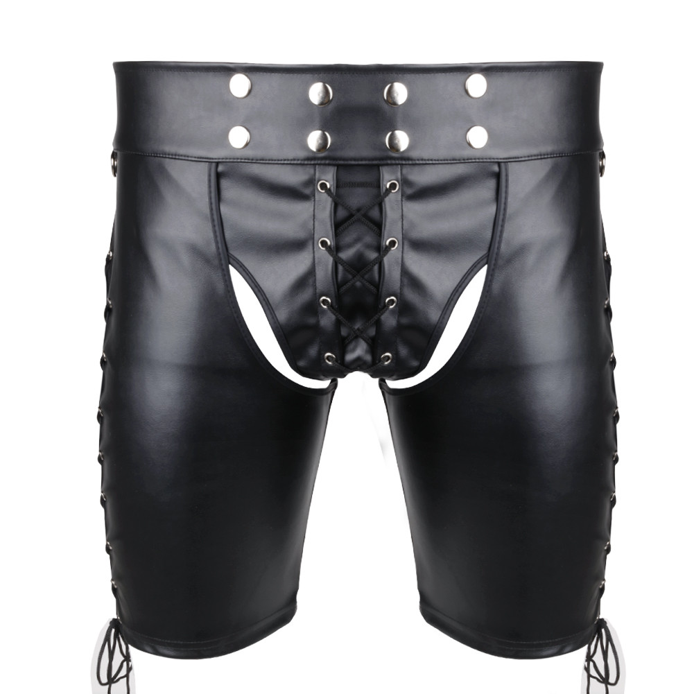 

Sexy Men Faux Leather Side Lace-up Bondage Harness Pants Gothic Lingerie Open Butt Open Cortch Shorts Gay Fetish Underwear, Black