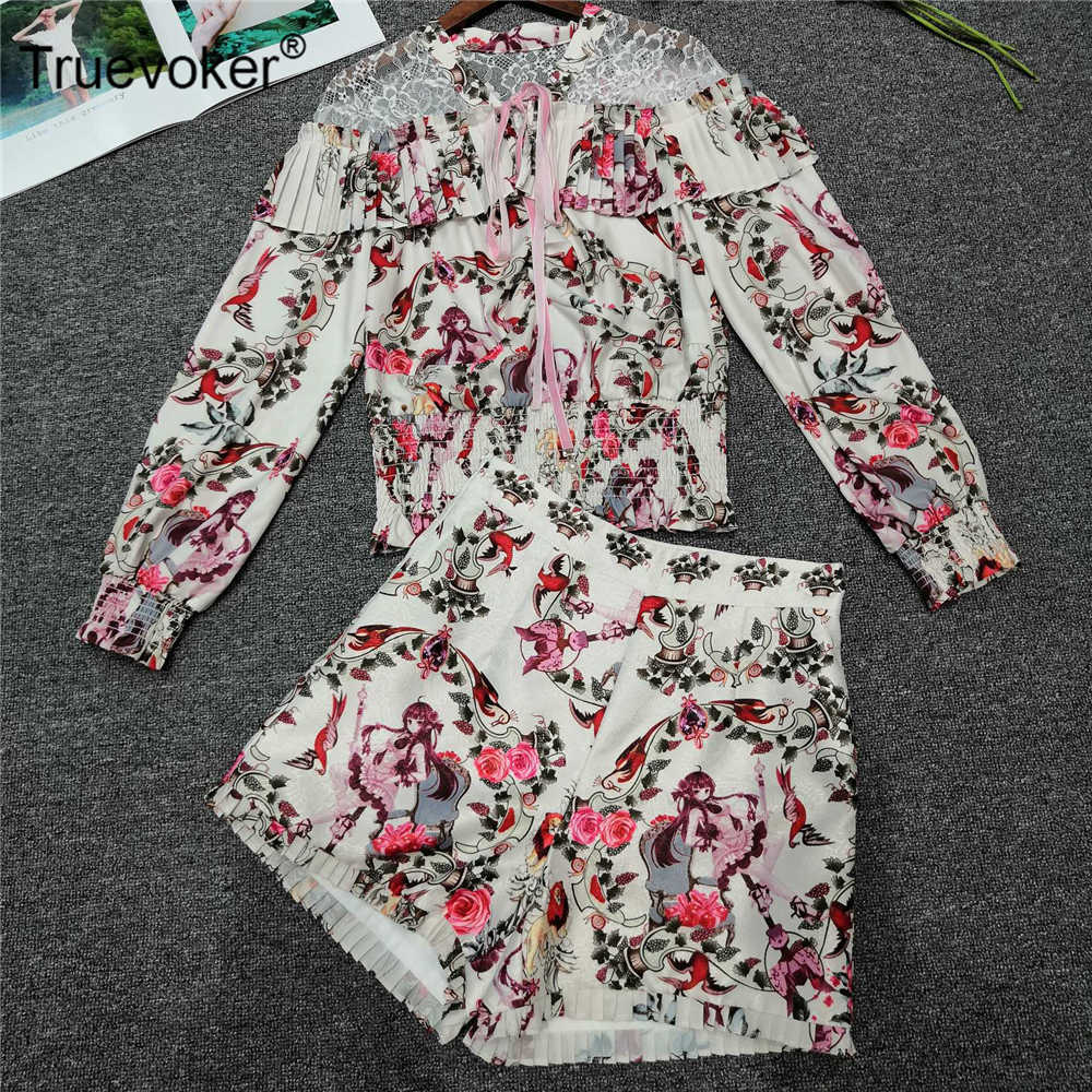 

Truevoker Runway Fashion Set Suits Ladies' Full Sleeve Little Flower Print Blouses + Shorts Party ets 210602, White