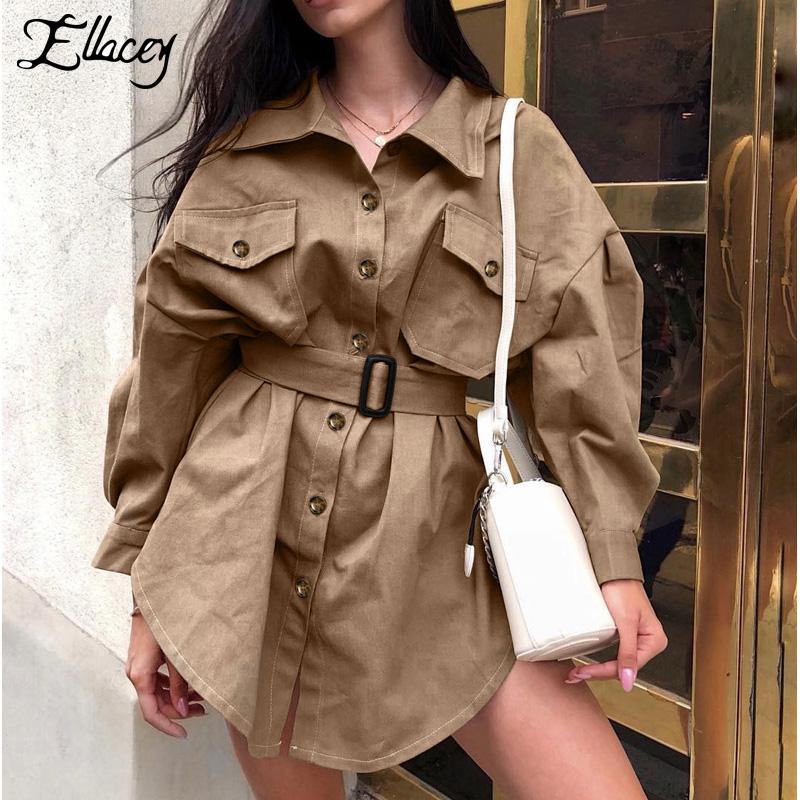 

Women's Trench Coats Ellacey Autumn Winter Khaki Coat Fashion 2021 Dress Turn-down Collar Female Windbreake With Waistband, Tan;black