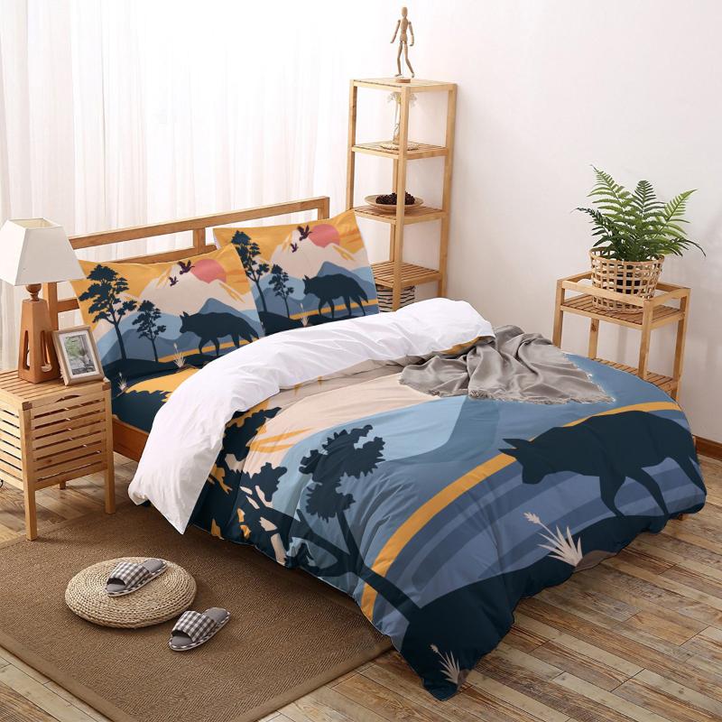 

Bedding Sets Animal Wolf Lake Bird Sun Print Comforter Set Duvet Cover Queen King Bed Home Housse De Couette Gift, As pic