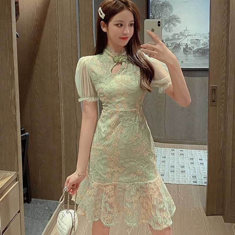 

Chinese Style Fashion Stand Collar Lace Embroidery Slim Mini Dress Vintage Elegant Ruffles Female 210526, Picture color