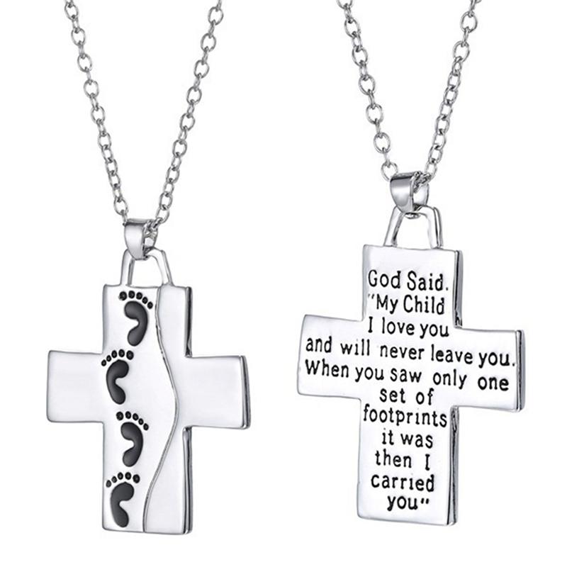 Pendant Necklaces Letter God Said On Back Footprints Necklace Cross Men&#039;s Chain For Male Female Necklaceb Gift-image-708503445