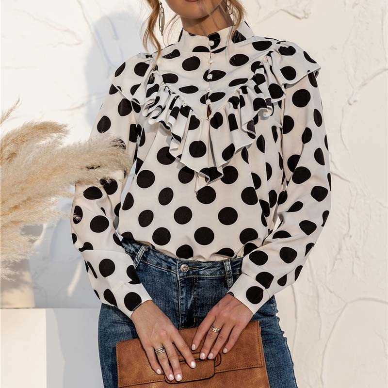 

Polka Dot Print Long Sleeve Blouse Women Fashion Ruffles Stand Collar Plus Size Casual Shirts Elegant Office Ladiestops 210608, Black print
