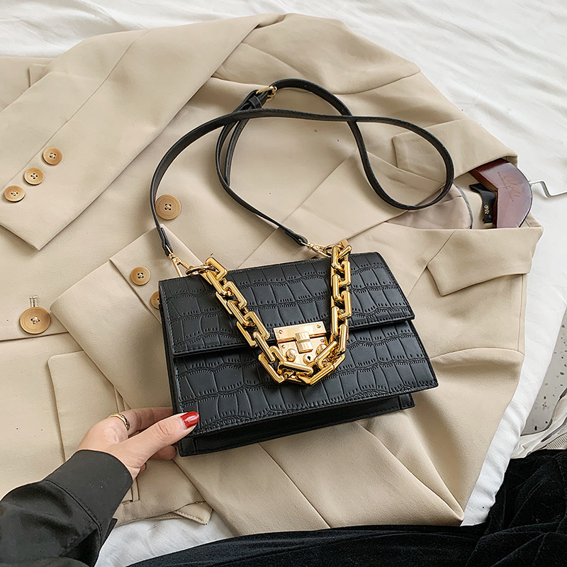 

PU Leather Flap Bags Thick Chain Small For Women 2021 Branded Trend Trending Designer Crossbody Shoulder Handbags, Black