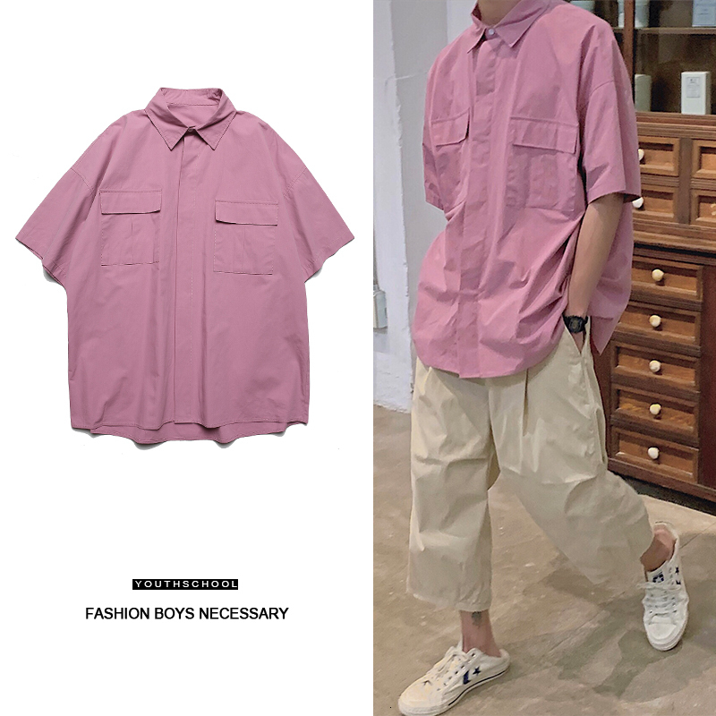 

2021 New Men's Cotton Youth Tide Male Short Sleeve Cargo Work Washing Clothes Solid Color Loose Shirt Plus Size M-2xl 7ryw, Roses