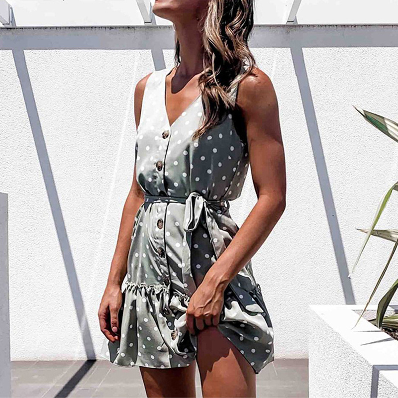 

2021 Women Boho Sashes Dot Printed A-line Party Sleeveless Sexy v Neck Elegant Casual Mini Summer New Fashion T4p5, White