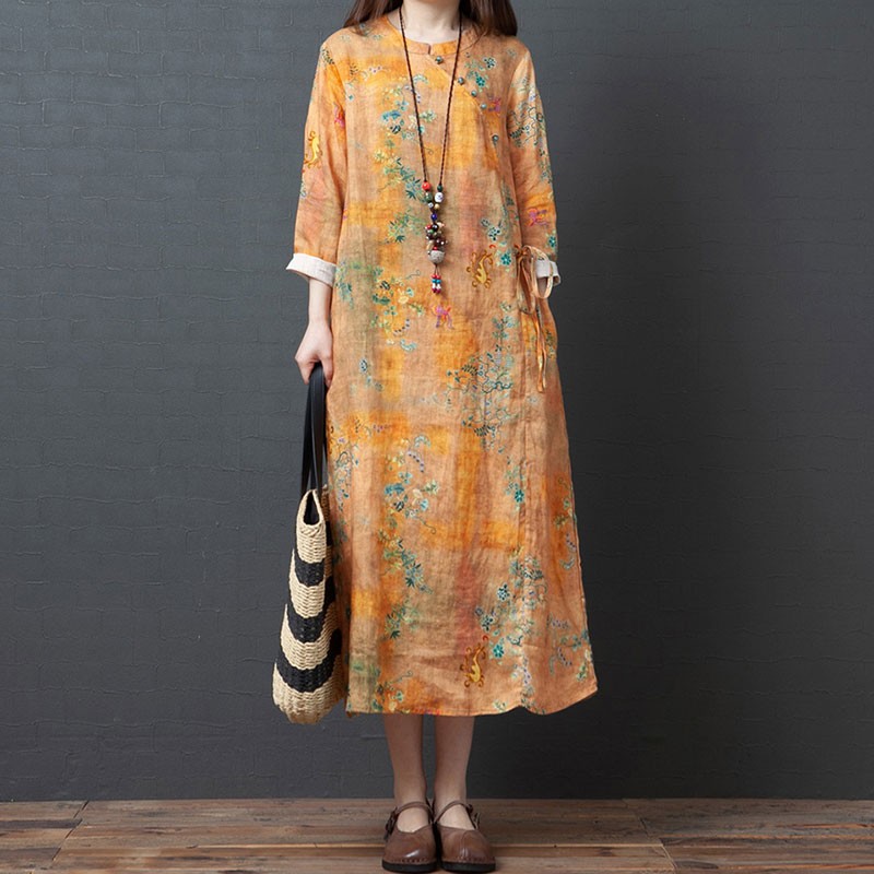 

Women Cotton Linen Long Dress Autumn Arts Style Vintage Print Loose Comfortable Female Casual O-line Dresses half-Sleeve Oversized Bohemia, Yellow