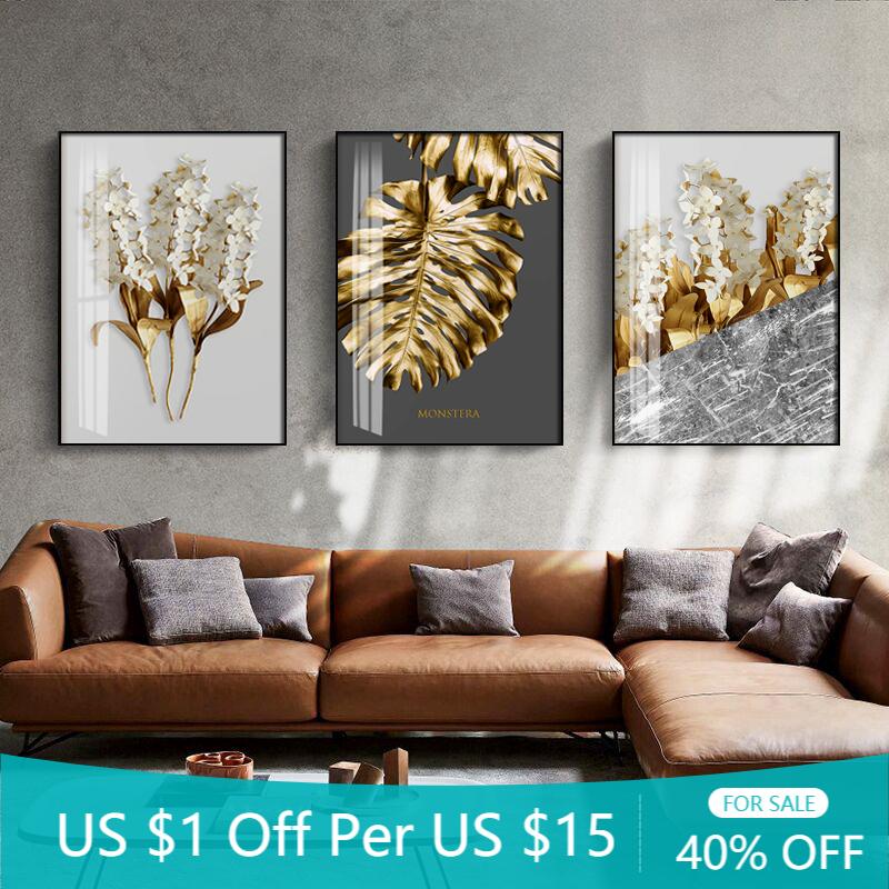 

Nordic Golden Abstract Leaf Flower Wall Art Canvas Painting Black White Feathers Poster Print Wall Picture for Living Room Decor