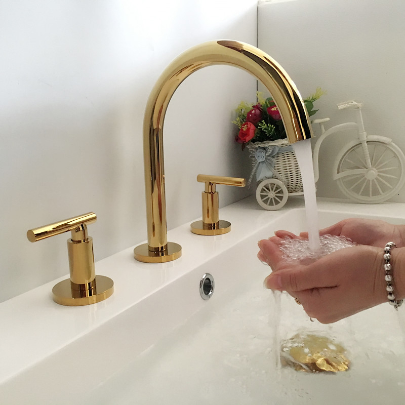 

2021 New Bathroom Gold Widespread Black Tap Luxury Basin Mixer Hot and Cold Shower Room Sink Faucet Lf5u