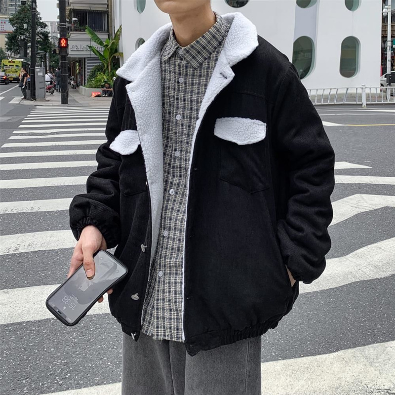 

2021 New Winter Thickened Corduroy Men' Parka Warm Fashion Casual Lamb Fur Jacket Men Loose Korean Short Coat Mens Clothes -5xl 3i8m, Black