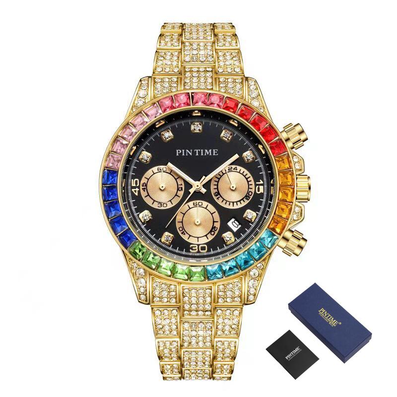 

Wristwatches PINTIME Chronograph Mens Watches Top Hip Hop Iced Out Watch Men Diamond Gold Calendar Steel Clock Relogio Masculin, Silver with box