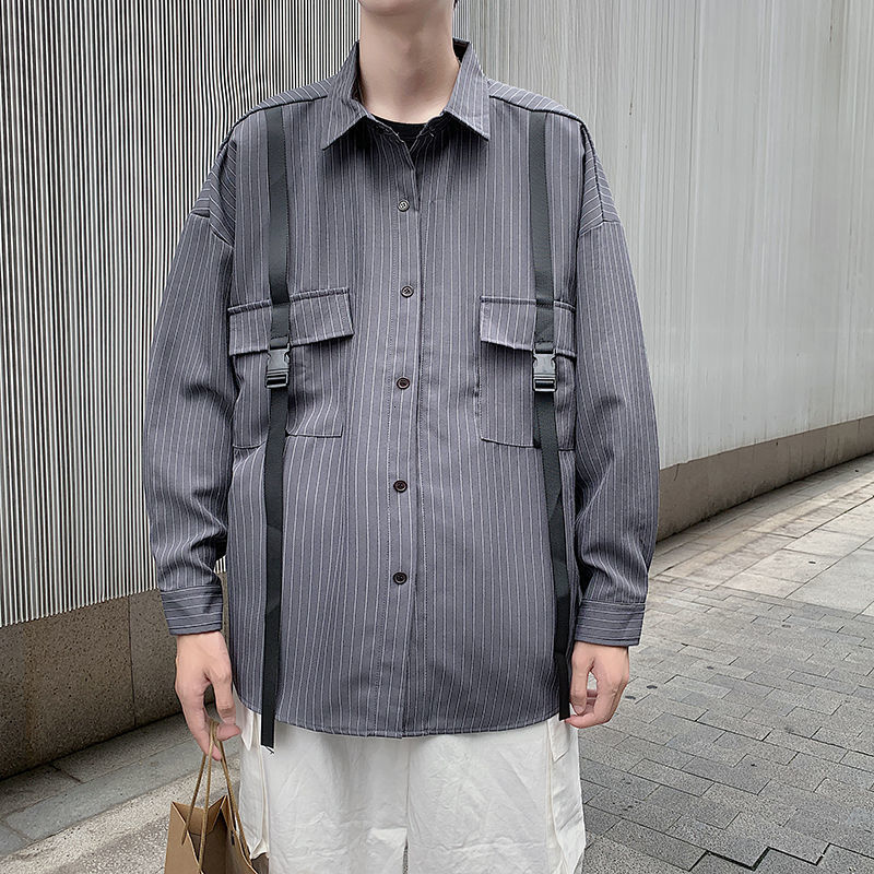 

2021 New Spring Striped Men's Fashion Casual Pocket Shirt Men Streetwear Tooling Long Sleeve Shirts Mens M-2xl Ht0j, Gray