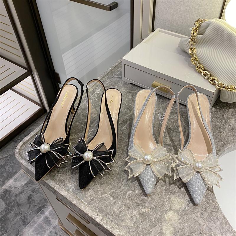 

Dress Shoes Bow Design Women Sandals Pointed Toe Back Strap Silver/Black Thin High Heels Elastic Band Fashion Party Pumps