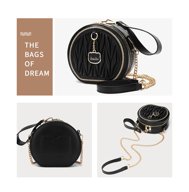 

Round bag female 2021 new style foreign styles versatile pleated handbag chain Single Shoulder Messenger small rounds bags, Rice white