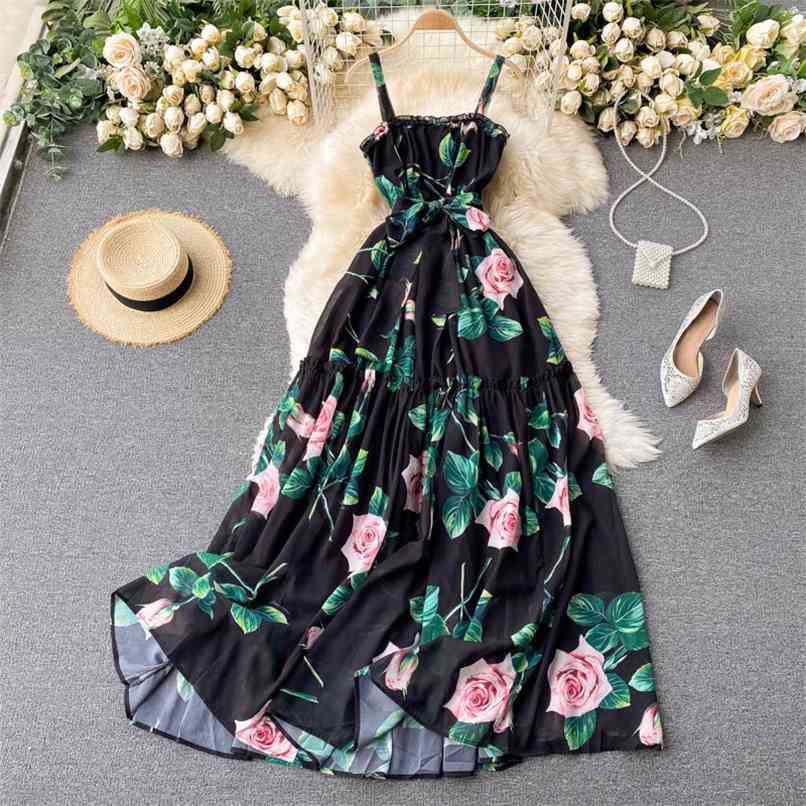 

Runway Design Rose Printted Spaghetti Strap Floor-length Chiffon Dresses Women Ruffles Sashes Bow Robe Long Maxi Dress 210602, Black