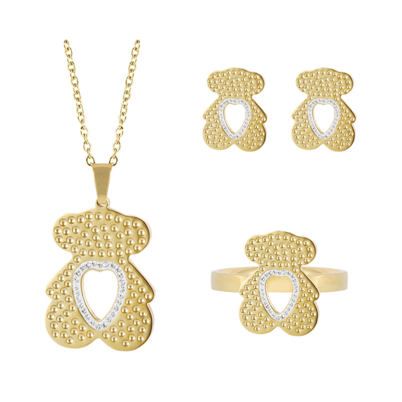 Earrings & Necklace Fashion Sweet Bear Stainless Steel Woman Light Luxury Clavicle Chain Ring Earring Heart CZ Choker Set Jewelry Gifts-image-737192086