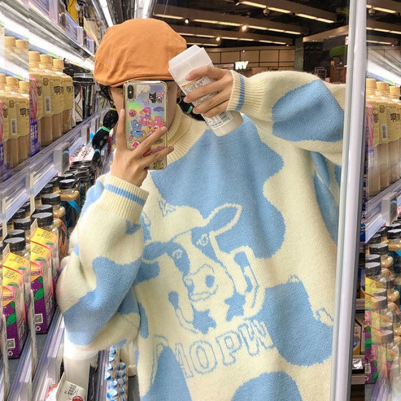 

2021 New Milk Cow Print Women Turtleneck Sweaters and Pullovers Winter Knitted Warm Jumpers Lolita Cute Harajuku Ladies Tops Teens Qjlj, Khaki