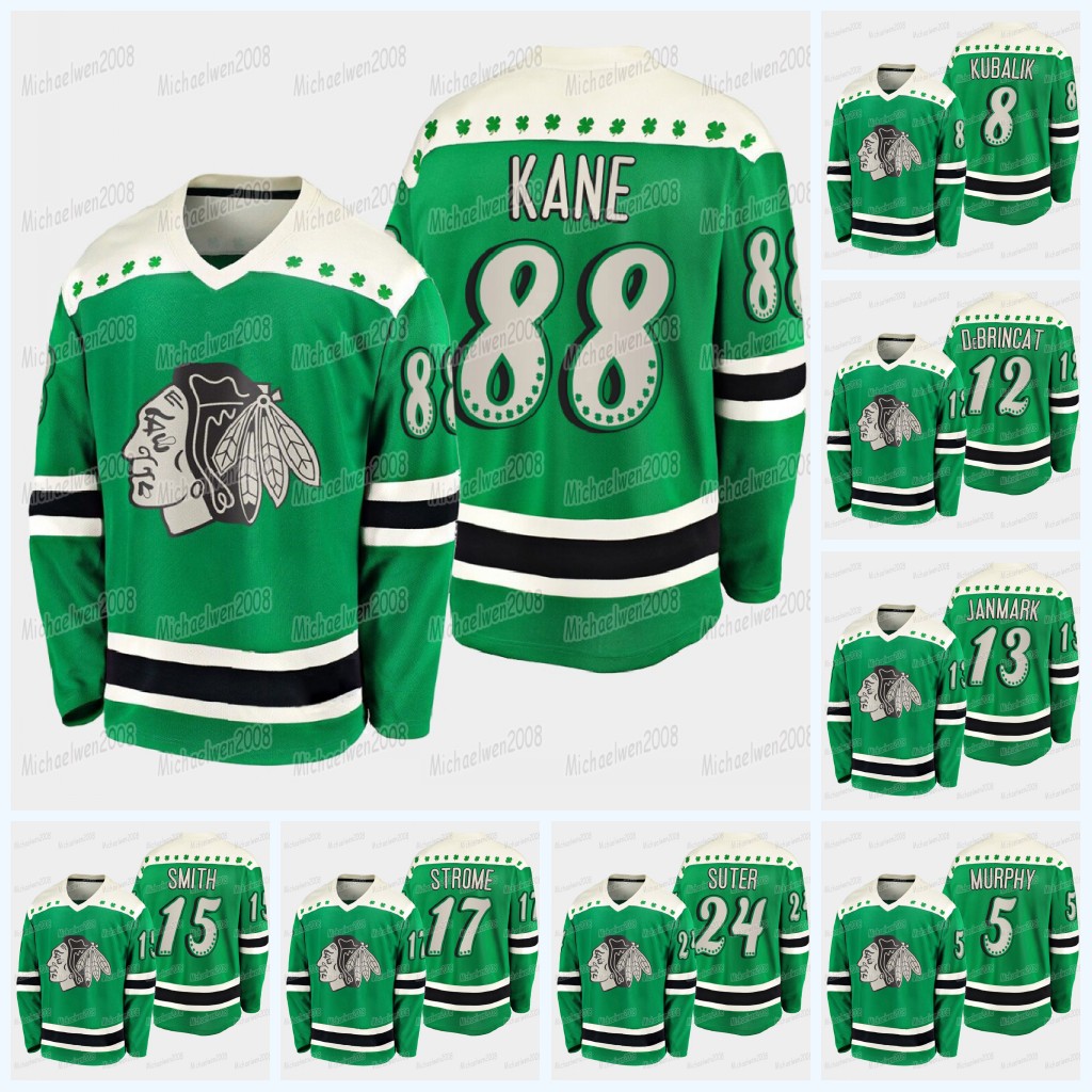 

Chicago Blackhawks 2021 St. Patrick's Day Patrick Kane Lehner Jonathan Toews 65 SHAW 77 Kirby Dach Duncan Keith Gustafsson DeBrincat Jersey, Black;red