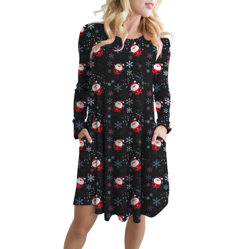 

Christmas new Christmas cartoon snowman print big swing pocket dress, Black;gray