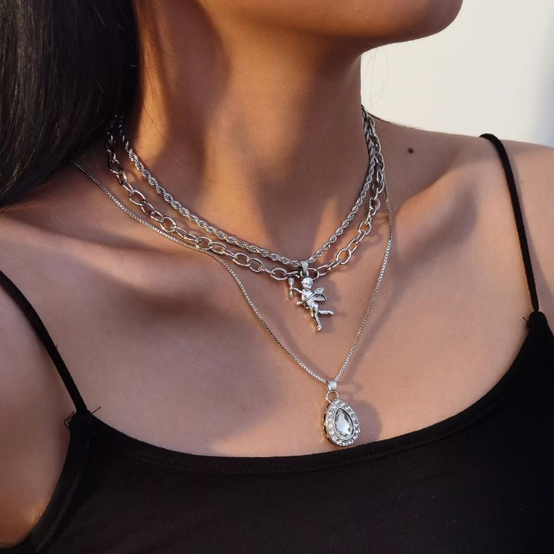 Pendant Necklaces Gold Silver Color Cupid Crystal Drop Chain For Women 2021 Fashion Multilevel Female Necklace Jewelry Gift-image-708515914