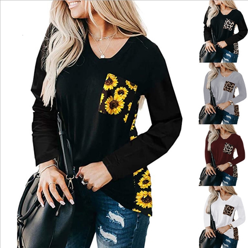 

2021 New Sexy Com Decote Em v Leopardo Bolso Feminina Vero Manga Longa Moda Patchwork Top Casual Estampa Camiseta Tops Ajir, White