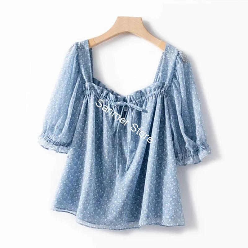 

2021 New Primavera Vero Feminino Gola Quadrada Blusa Manga Fresca Flor Impresso Sem Costas Babados Rendas-up Doce Camisa Roupas Femininas Ja, Black