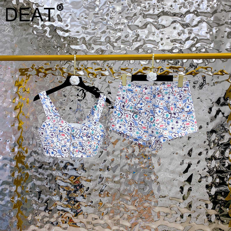 

DEAT Women Printing Sling Vest Shorts Arrivals Two Piece Set Fashion Temperament Spring Summer 11D1623 210709, Blue