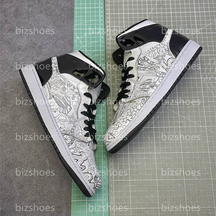 

1 Mid GS DIY Mens Shoe White Black Volt Hand Drawn Doodle SE Women Sneakers Outdoor Sports, 01