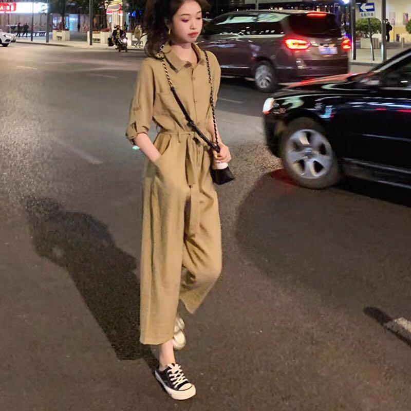 

Women' Jumpsuits & Rompers Korean Style Safari Loose Drawstring Jumpsuit Women High Waist Overalls Casual Full For Womens Fashion Salopette, Turmeric