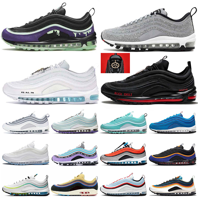 

Top Fashion 97 Satan Running Shoes For Men Wolmen 97s Blue Hero Swarovski LX Silver Bullet White Sean Wotherspoon Glace Blanche Off Sneakers Trainers, White;red