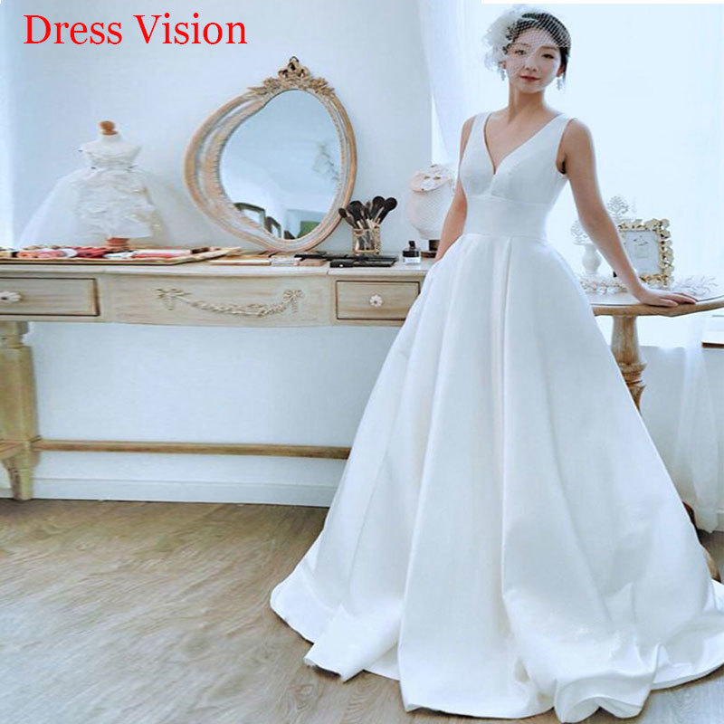 

2021 Sexy V-neck Satin Sleeveless Wedding Es Robe Marie to Be Long Bride Gown Vestido De Novia Suknia Lubna Ogl9, Ivory