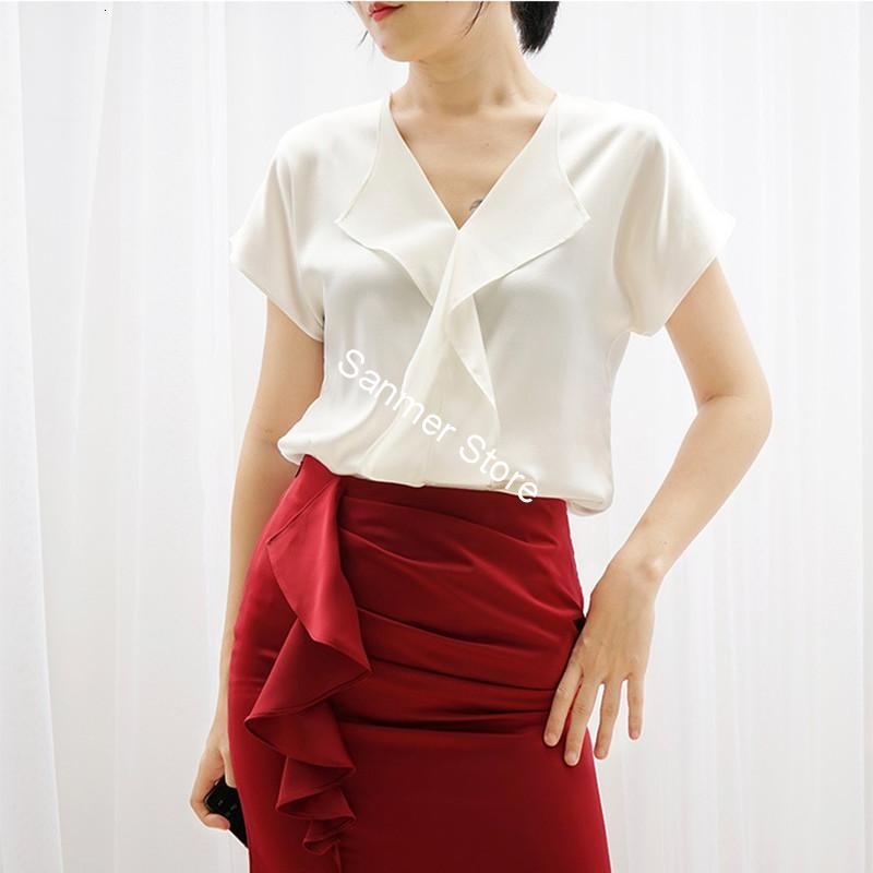 

2021 New Plissado Com Decote Em v Blusa Feminina Cetim 100% Seda Branco Manga Curta Topo Cor Slida Escritrio Senhora Camisa Vero Novo 2v38, Black