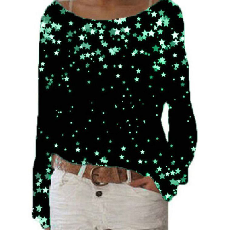 

2021 New Fashion t Women Shirt Woman Round Neck Long Sleeve Bright Star Print Casual Pullover T-shirt Rfmd, Black