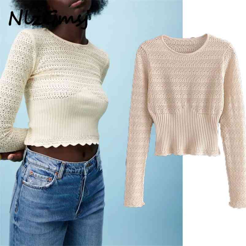 

Women Fashion Jacquard Mesh Cloth Cropped Knitted Sweater Vintage Long Sleeve Female Pullovers Chic Tops 04 210628, As picture