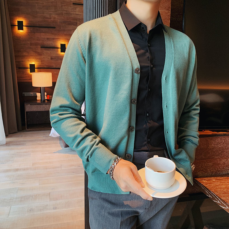 

2021 New Moda Coreano De Malha Masculina Fino Decote Em v Casual Cardigan Masculino Simples Streetwear Camisola Amlx, Green