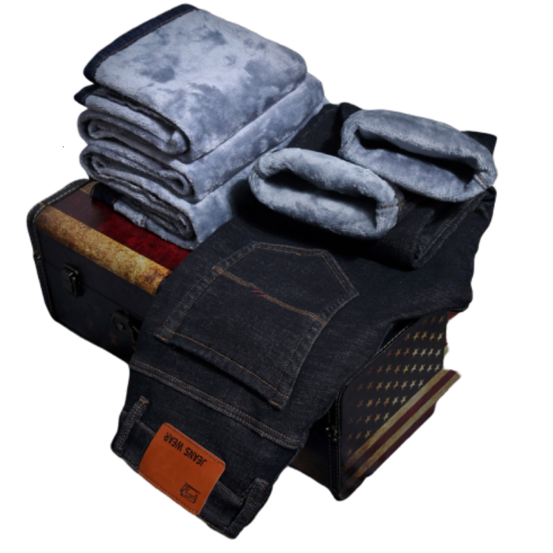 

2021 New Men Winter Warm Fleece Men's Jeans Thick Stretch Denim Jean Straight Male Fashion Brand Clothesline High Quality Trousers Nvch, Black