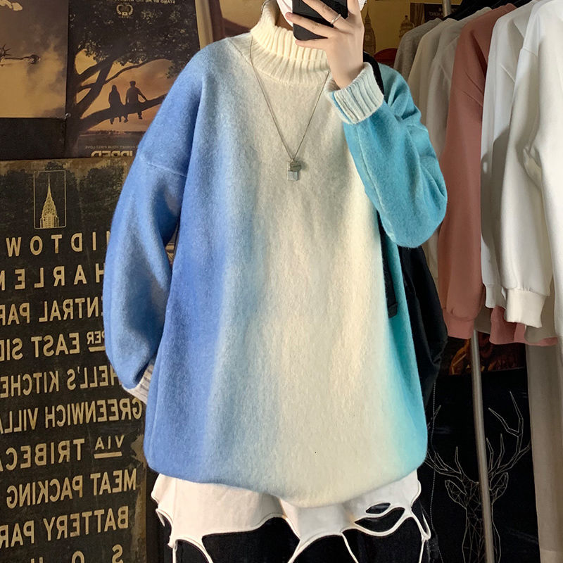 

2021 New Winter Turtleneck Sweater Men's Warm Fashion Retro Gradient Knit Pullover Men Loose Korean Knitting Sweaters Mens Clothes M-3xl 2fj, Blue
