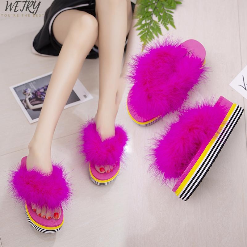 

IN 2021 Ture FUR Slippers Fur Furry Slide Flip Flops Women Home Slippers Female Sweet Fenty Indoor Soft Comfotable, Black