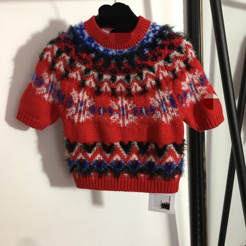 

109 2021 Brand Same Style Regular Crew Neck Short Sleeve Kint Sweater White Red Top Sweater meiyi