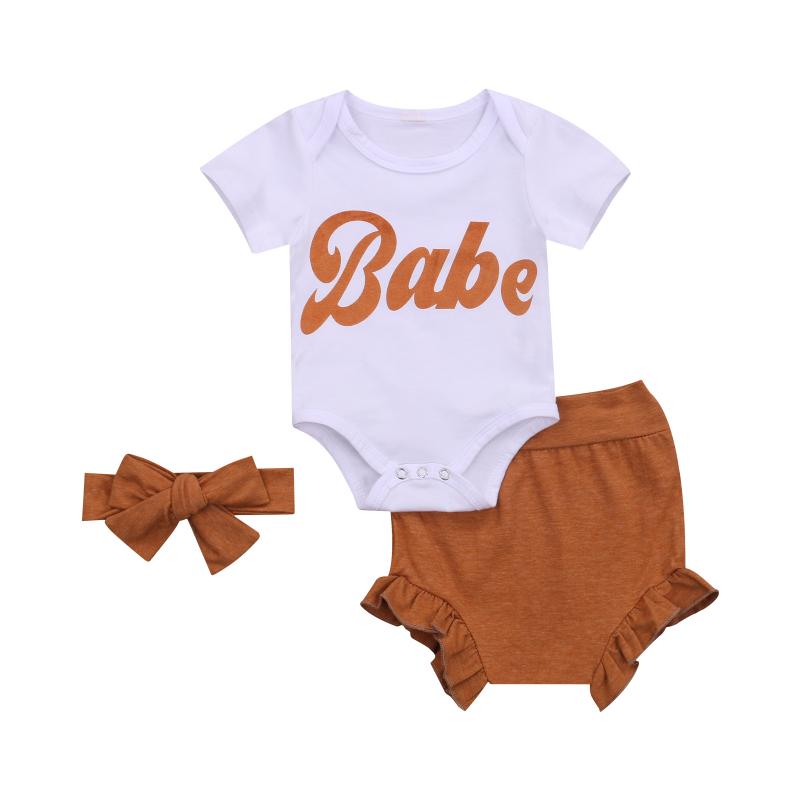 

Clothing Sets 3 PCS Born Girls Set Letter Print Crew Neck Long Sleeve Romper Solid Color Short Pants And Hairband Outfits 0-18M, White