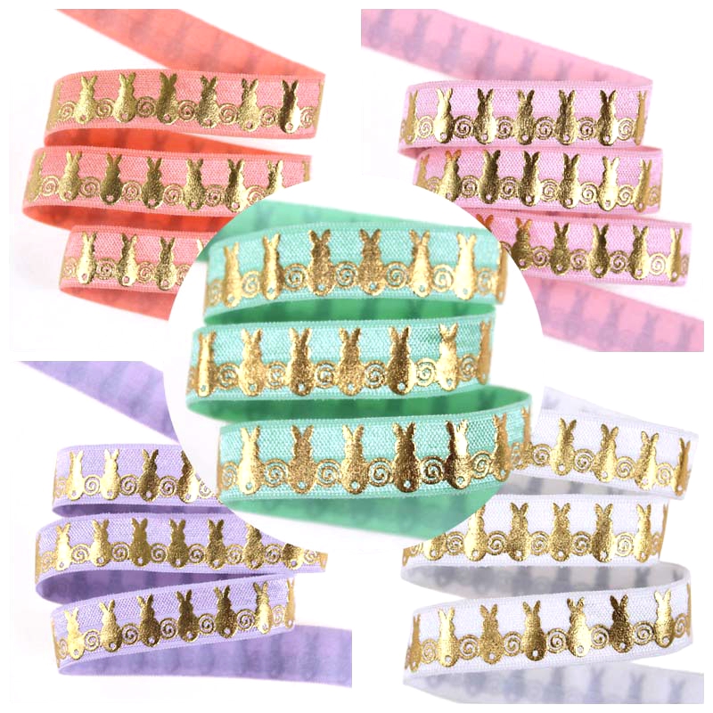 

100yards/lot Gold Foil Rabbit Easter Bunny FOE Ribbon Rabbits Fold Over Elastic welcome custom design