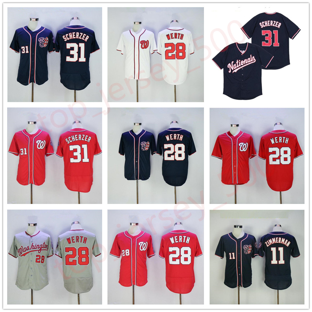 

2018 Style Baseball 11 Ryan Zimmerman Jersey 28 Jayson Werth 31 Max Scherzer All Stitched Team Home Red White Grey Navy Blue Clearance, As shown in illustration