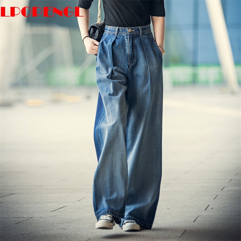 

Jeans Women's Wide-leg -34 High Waist Vintage Trousers Casual Simple Blue Buttons Spring Summer Denim Long Pant 210708